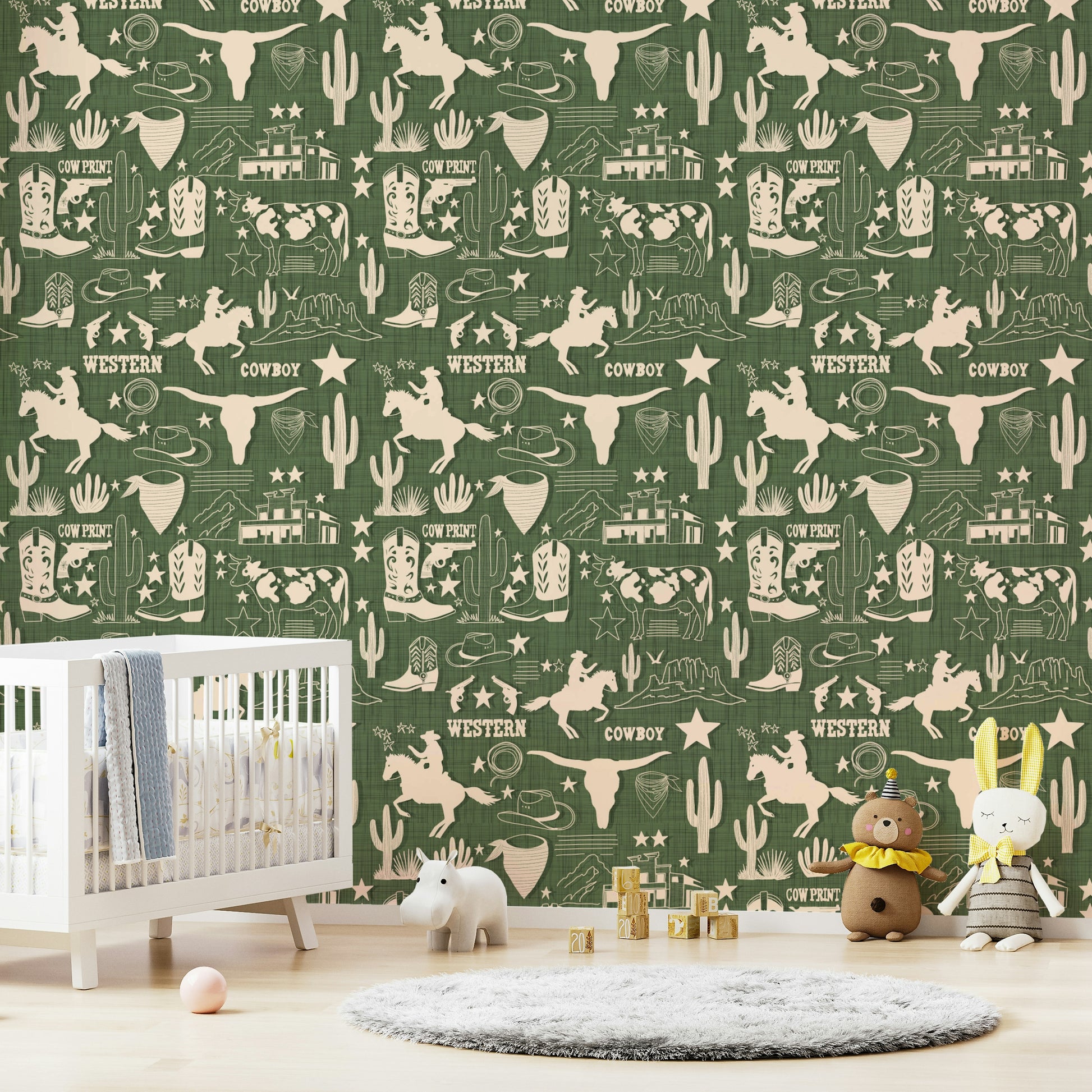 Wild West wallpaper featuring illustrated cowboy scenes, stars, cattle skulls, and desert plants.