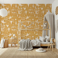 Western adventure wallpaper mural with illustrated horses, lassos, and prairie scenery.