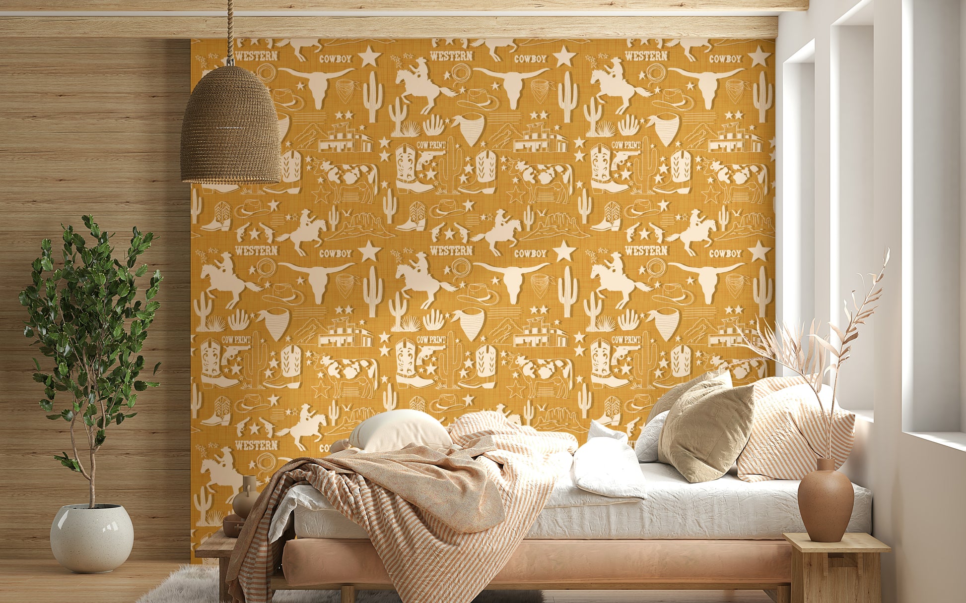 Frontier-style wallpaper featuring cowboys, cattle skulls, boots, and cacti in a rustic design.