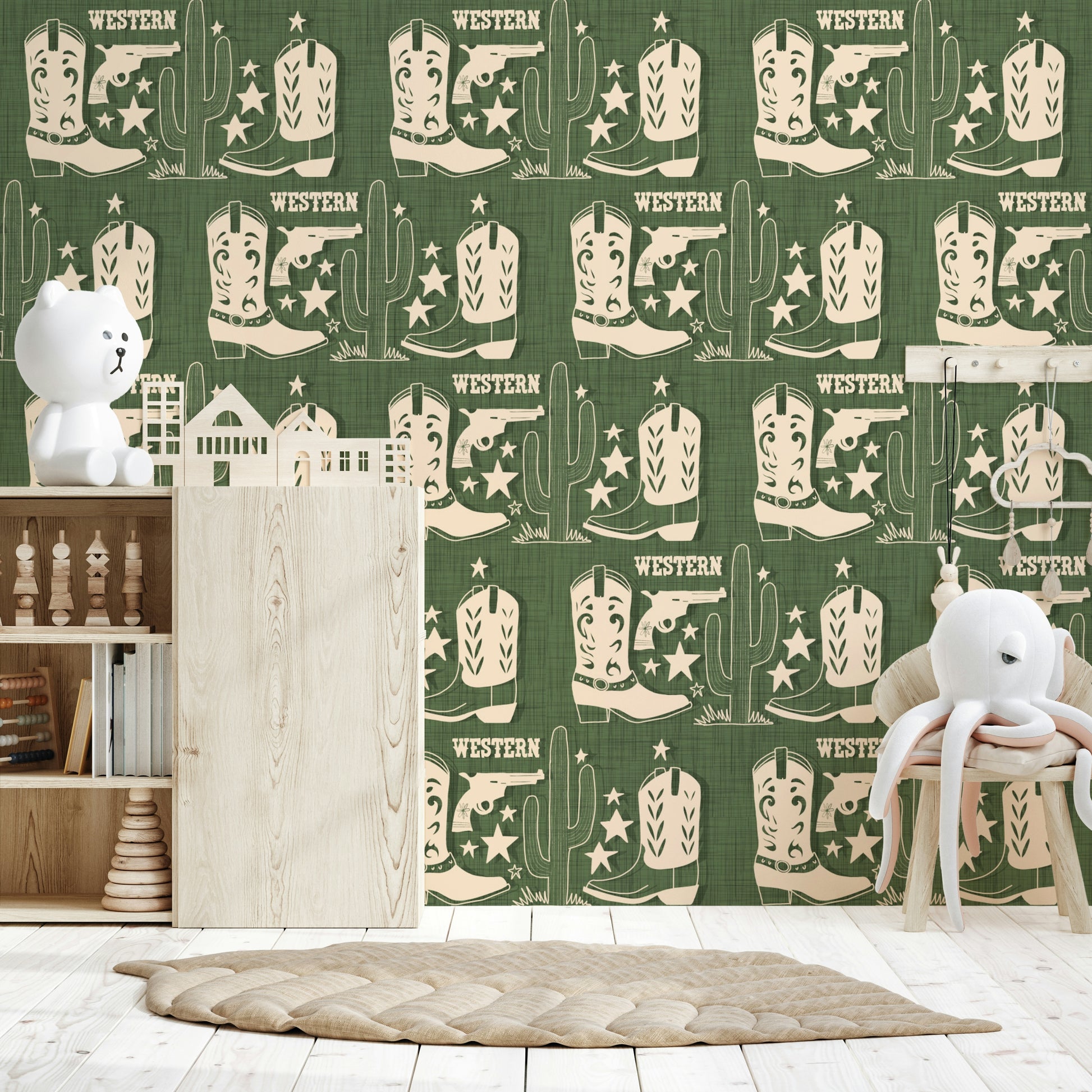 Wild West Charm wallpaper featuring stencil-style frontier icons on a woven-look green texture.