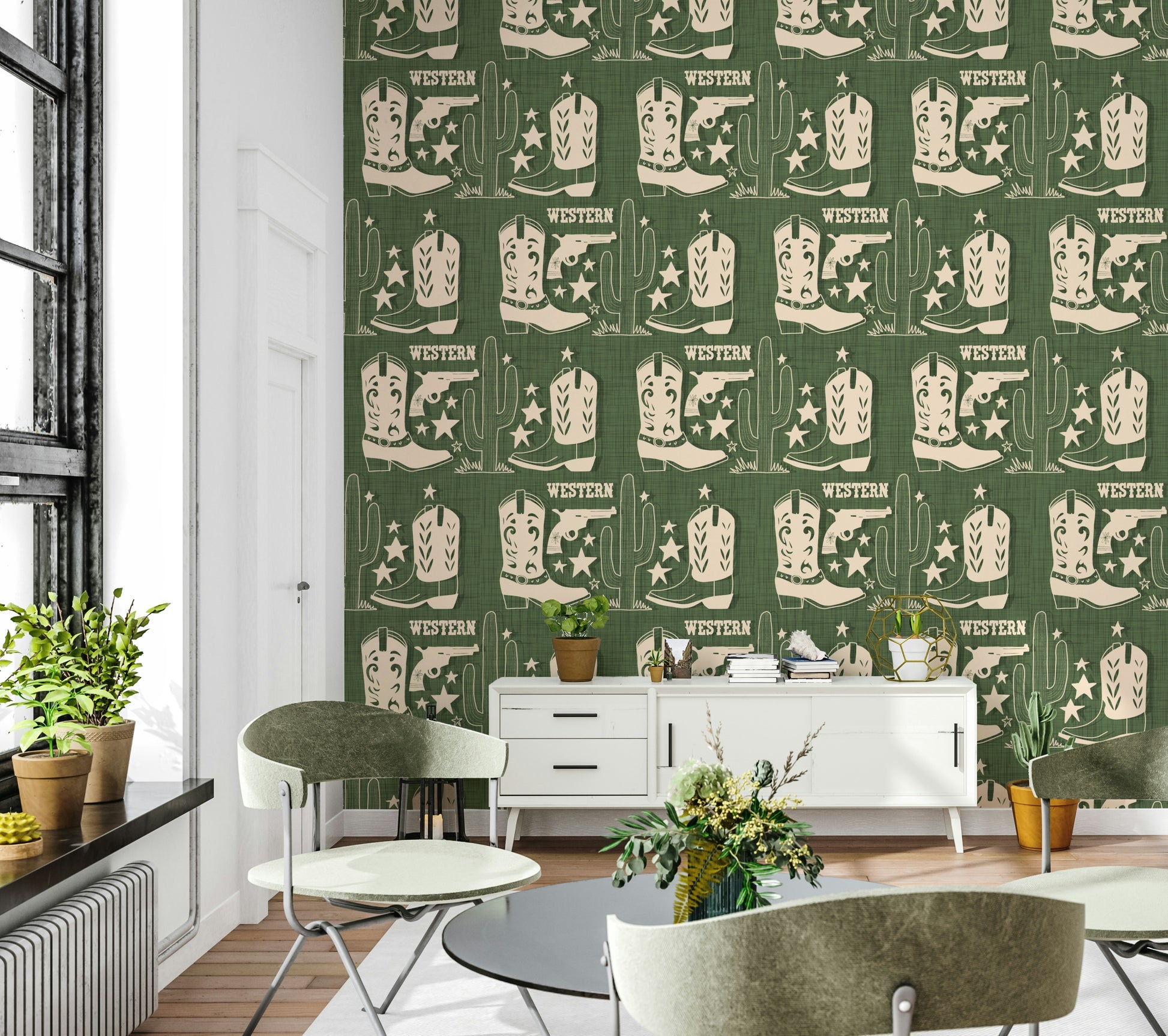 Cowboy-themed wallpaper mural with vintage Western graphics arranged in a seamless pattern.