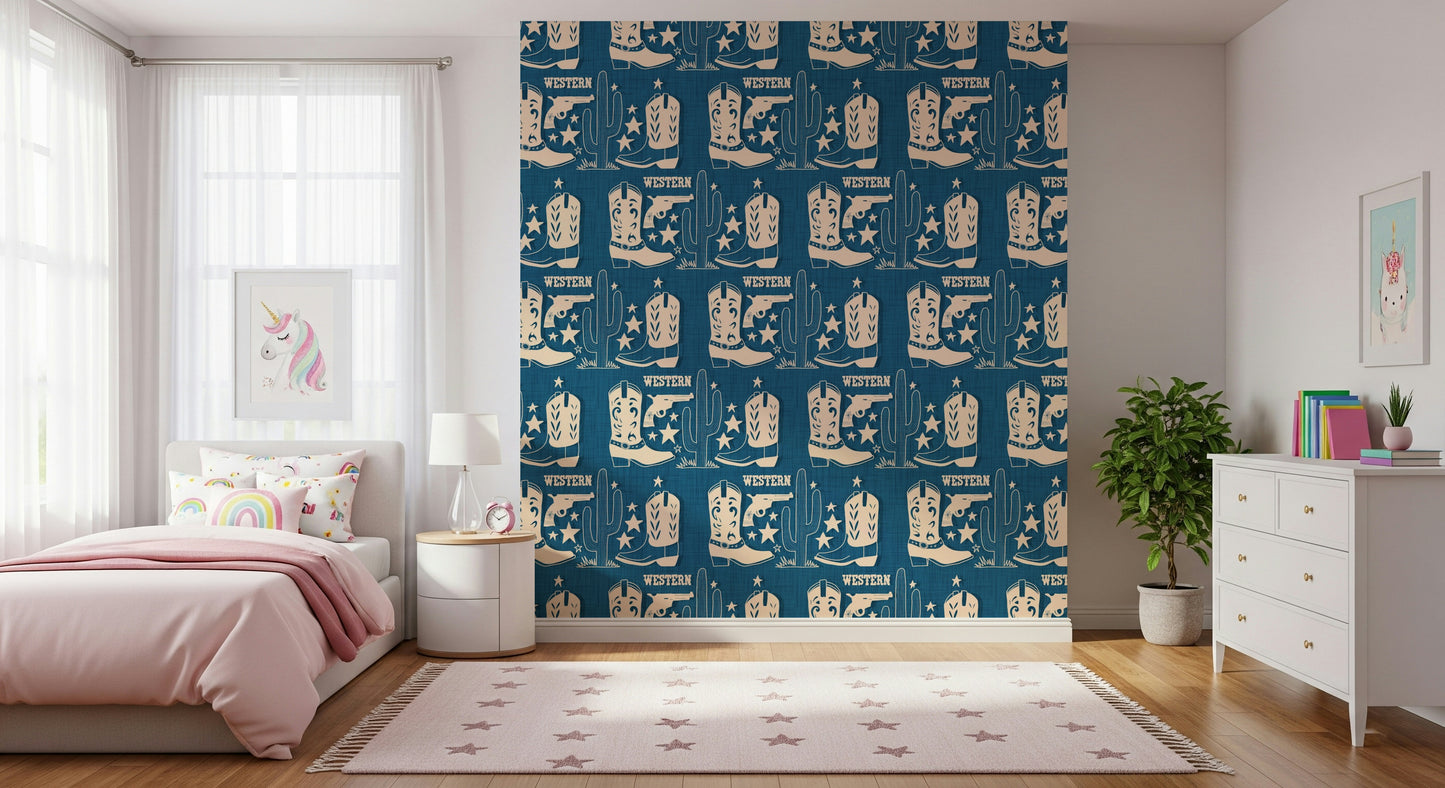 Western-inspired wallpaper with stylized cowboy symbols and muted beige tones.