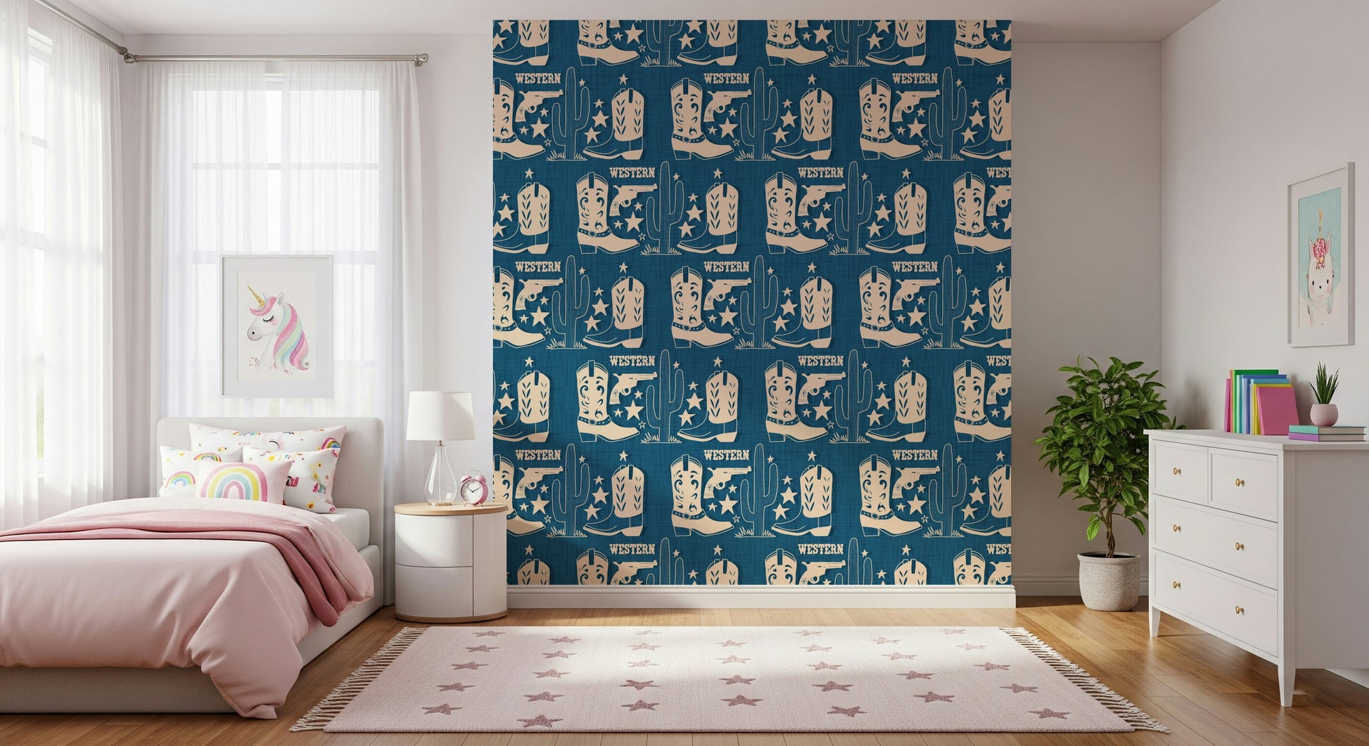 Western-inspired wallpaper with stylized cowboy symbols and muted beige tones.