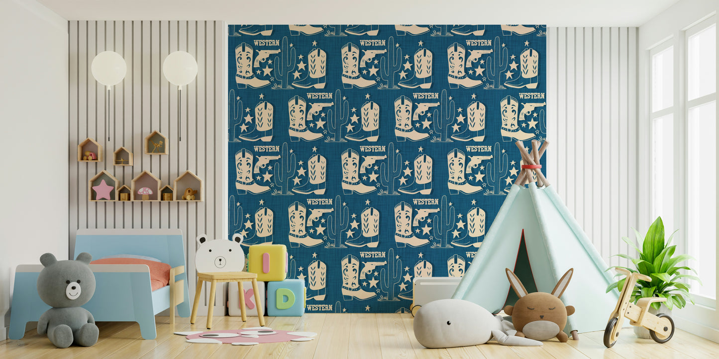 Wallpaper mural featuring cowboy boots, star badges, and cacti in a Western-themed design.