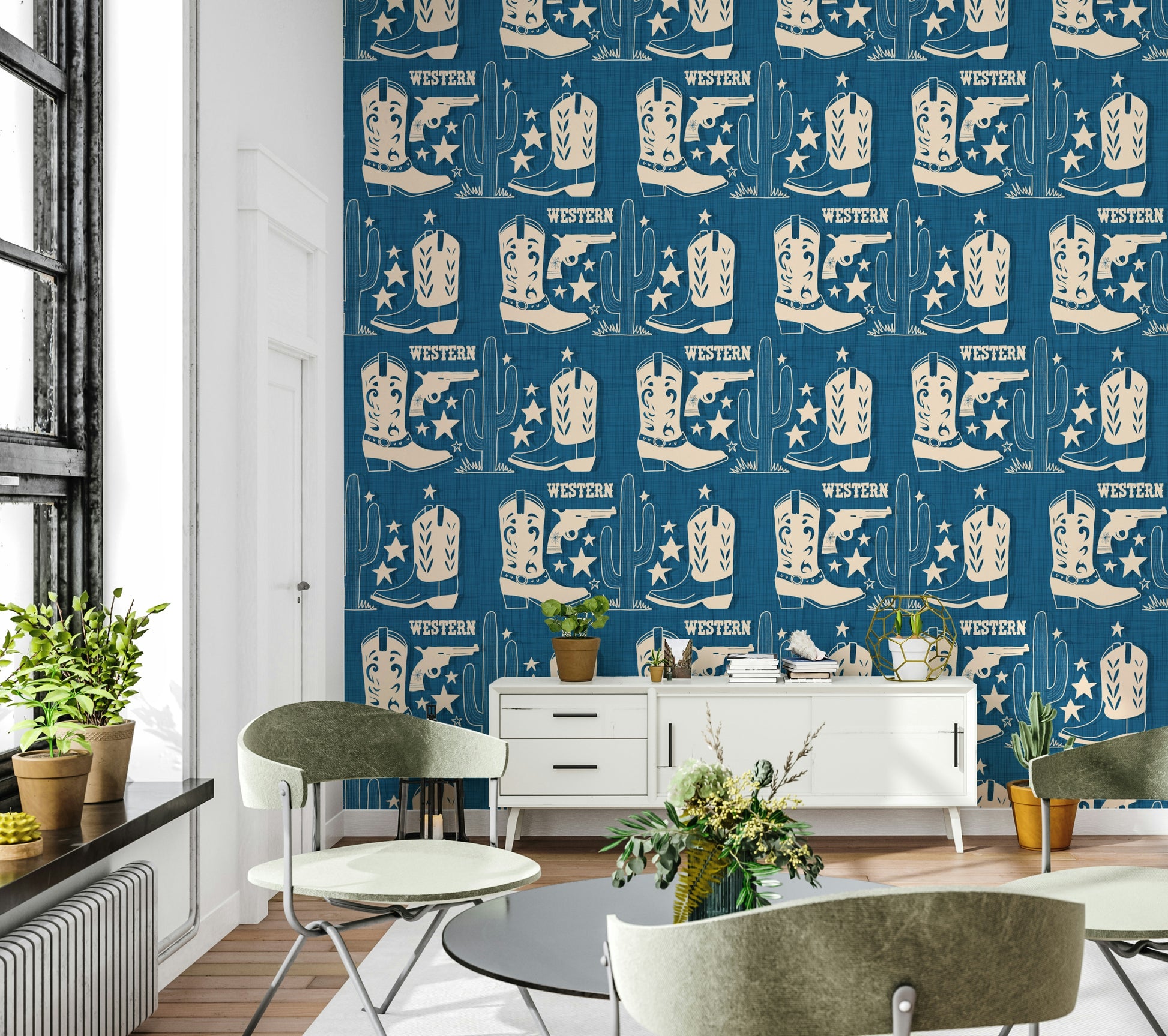 Cowboy Dreams wallpaper mural depicting classic Western boots and desert elements in a vintage style.