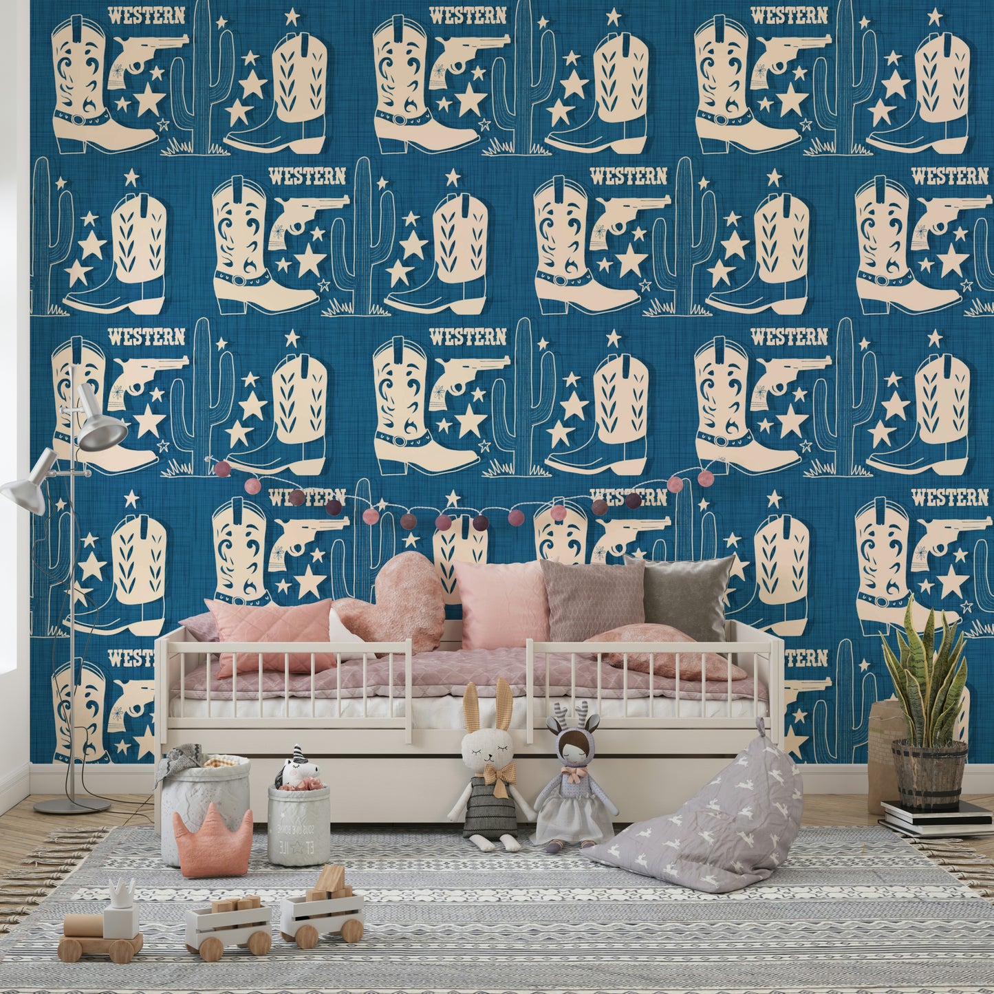 Cowboy Dreams wallpaper featuring Western boots, cacti, stars, and pistols in a rustic beige palette.