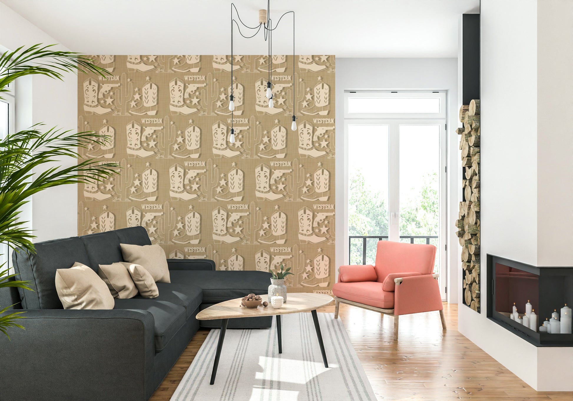 Rustic Western Dream wallpaper mural with distressed-style Western icons and desert motifs.