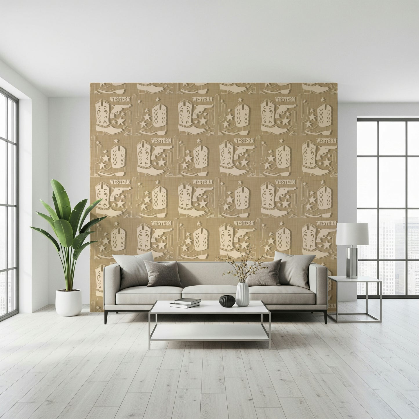 Vintage Western wallpaper featuring sketched cacti, stars, and cowboy gear on a warm brown backdrop.