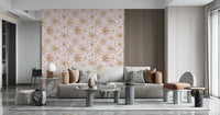 Floral wallpaper mural with watercolor-style dusty rose blooms arranged in a gentle repeating pattern.