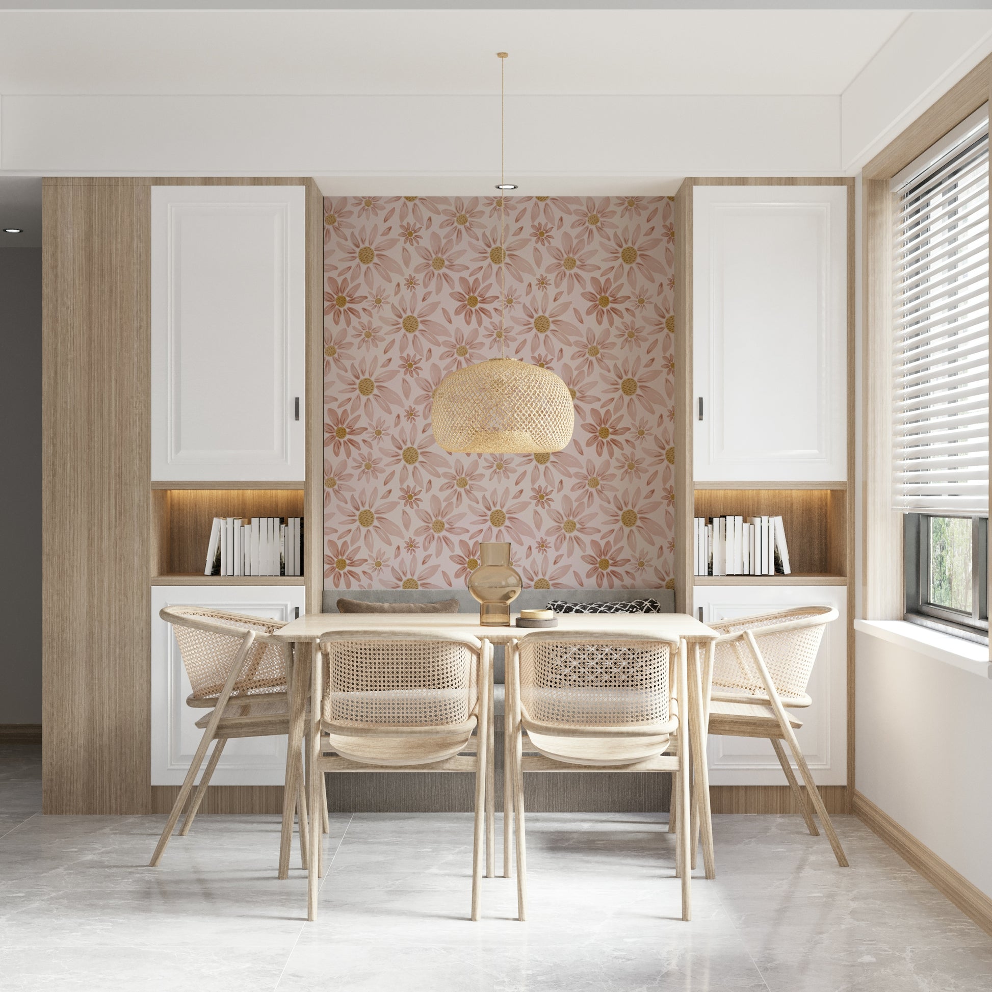 Decorative floral wallpaper featuring dusty rose blooms in varying sizes with textured watercolor strokes.