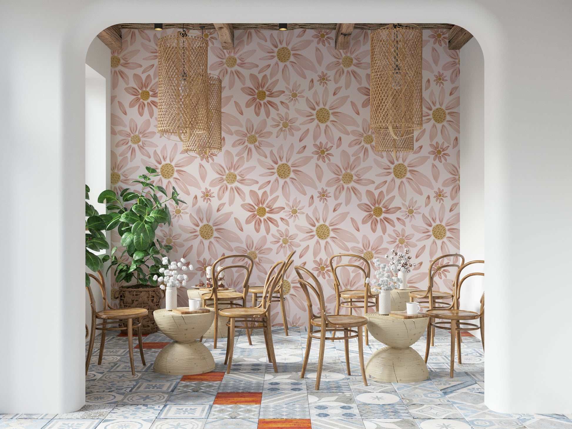 Elegant wallpaper mural featuring watercolor-style dusty rose blossoms on a soft backdrop.