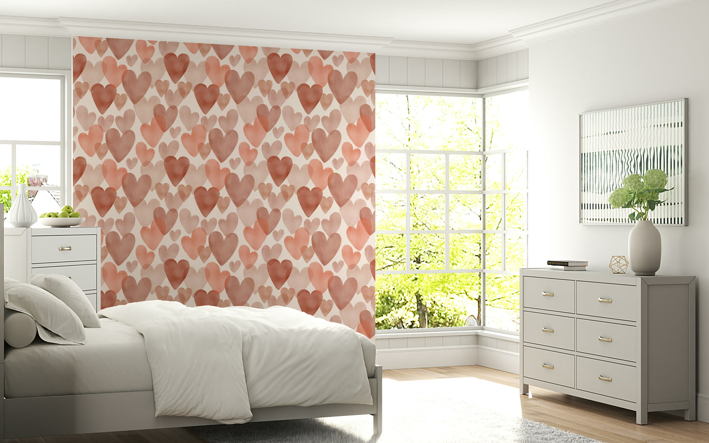 Romantic wallpaper mural with watercolor-style hearts scattered across a light neutral background.