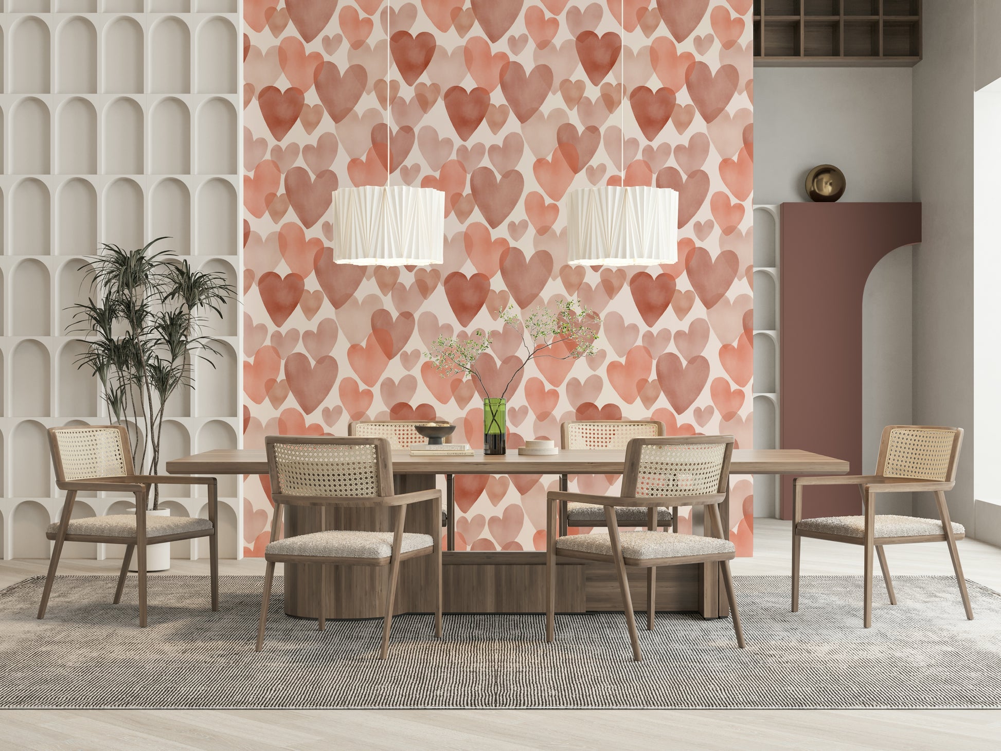 Watercolour Hearts wallpaper featuring delicate heart clusters on a creamy, light backdrop.