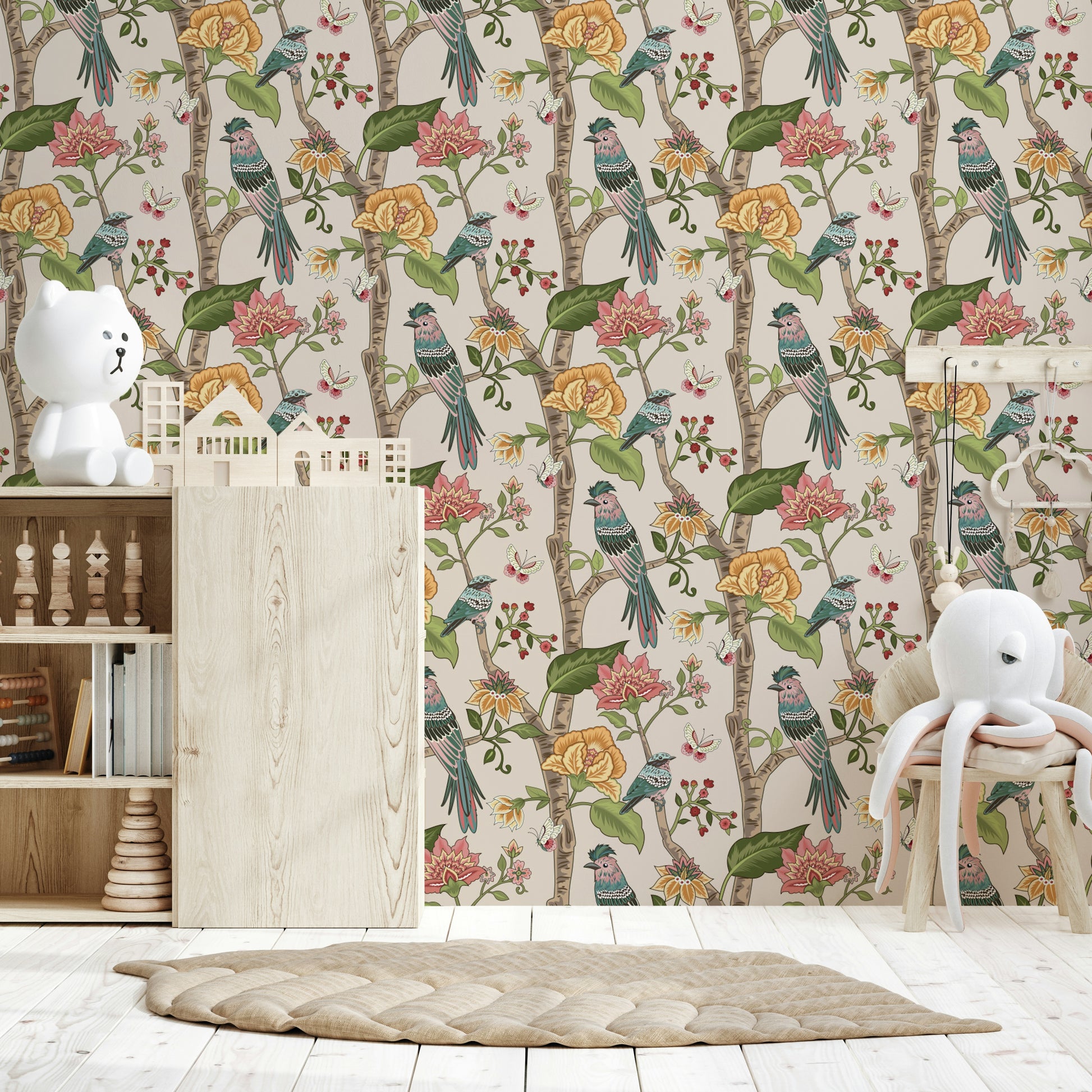 Nature-inspired wallpaper mural featuring perched birds amid roses, petals, and lush greenery.