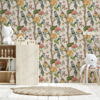 Nature-inspired wallpaper mural featuring perched birds amid roses, petals, and lush greenery.