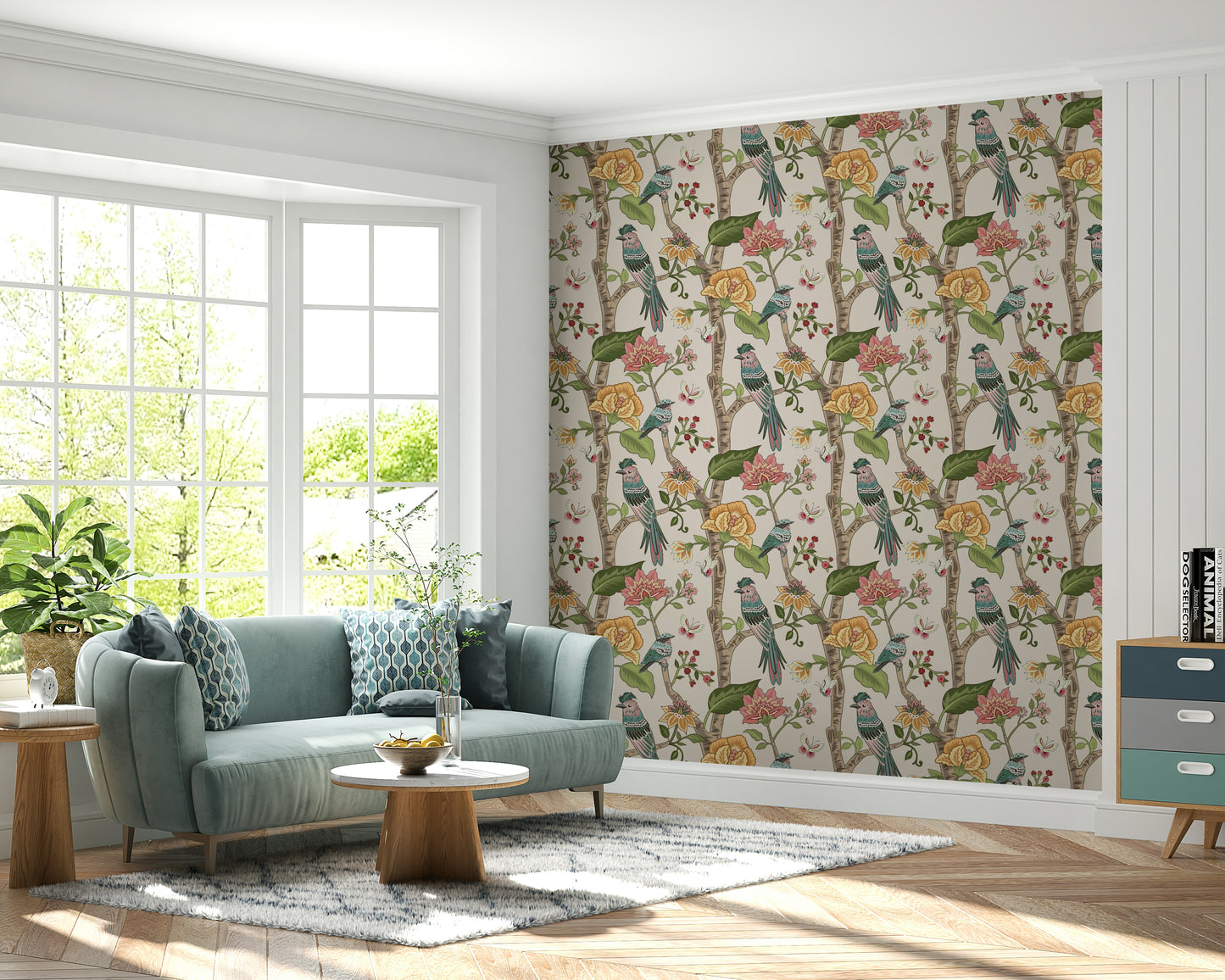 Birdsong Blooms wallpaper mural displaying colorful birds sitting on branches with vivid blossoms.