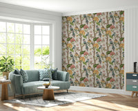 Birdsong Blooms wallpaper mural displaying colorful birds sitting on branches with vivid blossoms.