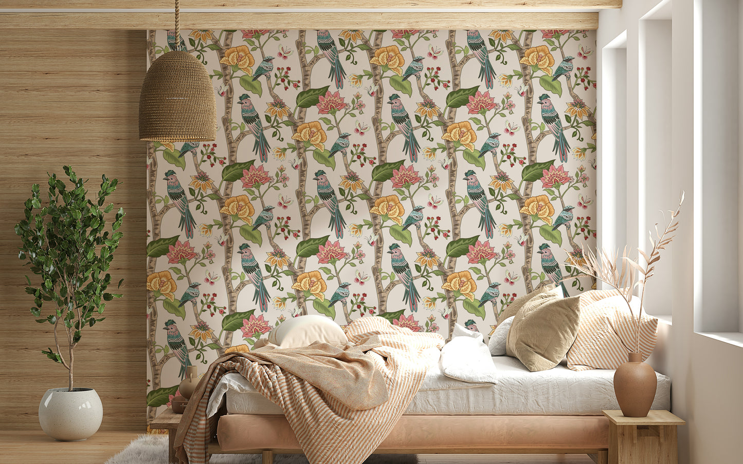 Artistic wallpaper mural with illustrated birds and flowers arranged in a repeating nature-inspired pattern.