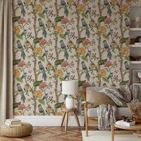 Birdsong Blooms wallpaper with hand-drawn birds surrounded by vibrant botanical florals.