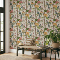 Decorative wallpaper with intricate bird illustrations intertwined with blooming floral motifs.