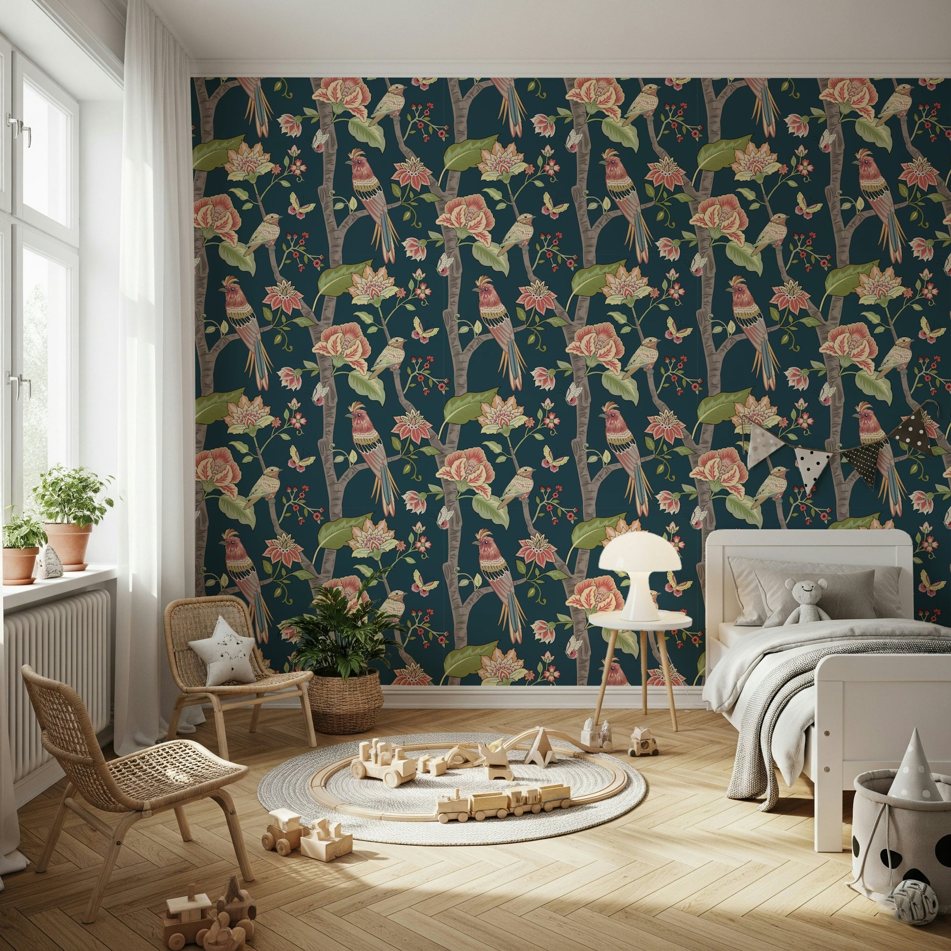 Botanical Birds wallpaper mural with hand-drawn birds, flowers, and greenery arranged in a repeating pattern.