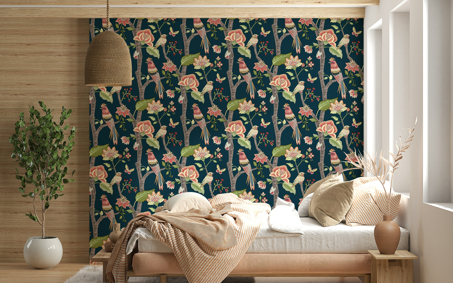 Botanical Birds wallpaper with colorful avian figures nestled among layered botanical elements.