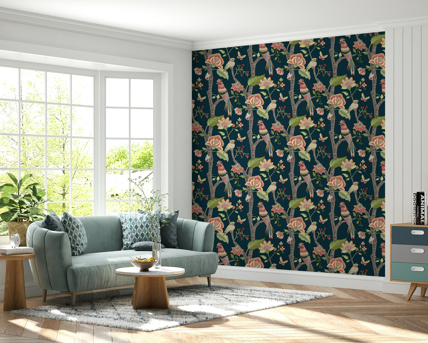 Vintage-style wallpaper mural featuring birds, blossoms, and greenery against a deep background.