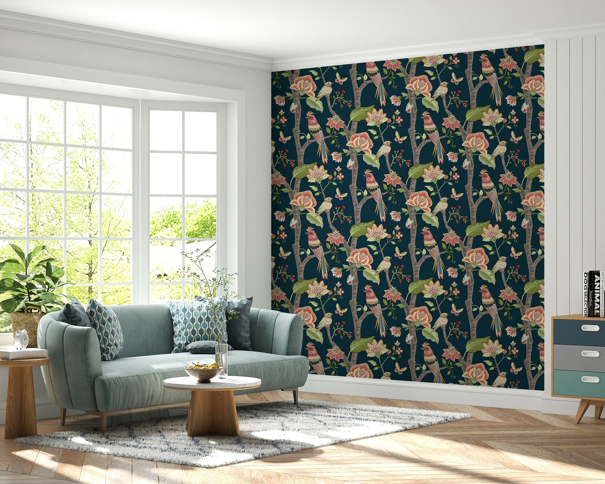 Vintage-style wallpaper mural featuring birds, blossoms, and greenery against a deep background.