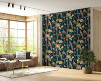 Floral and bird wallpaper mural with vibrant botanical elements on a rich dark backdrop.