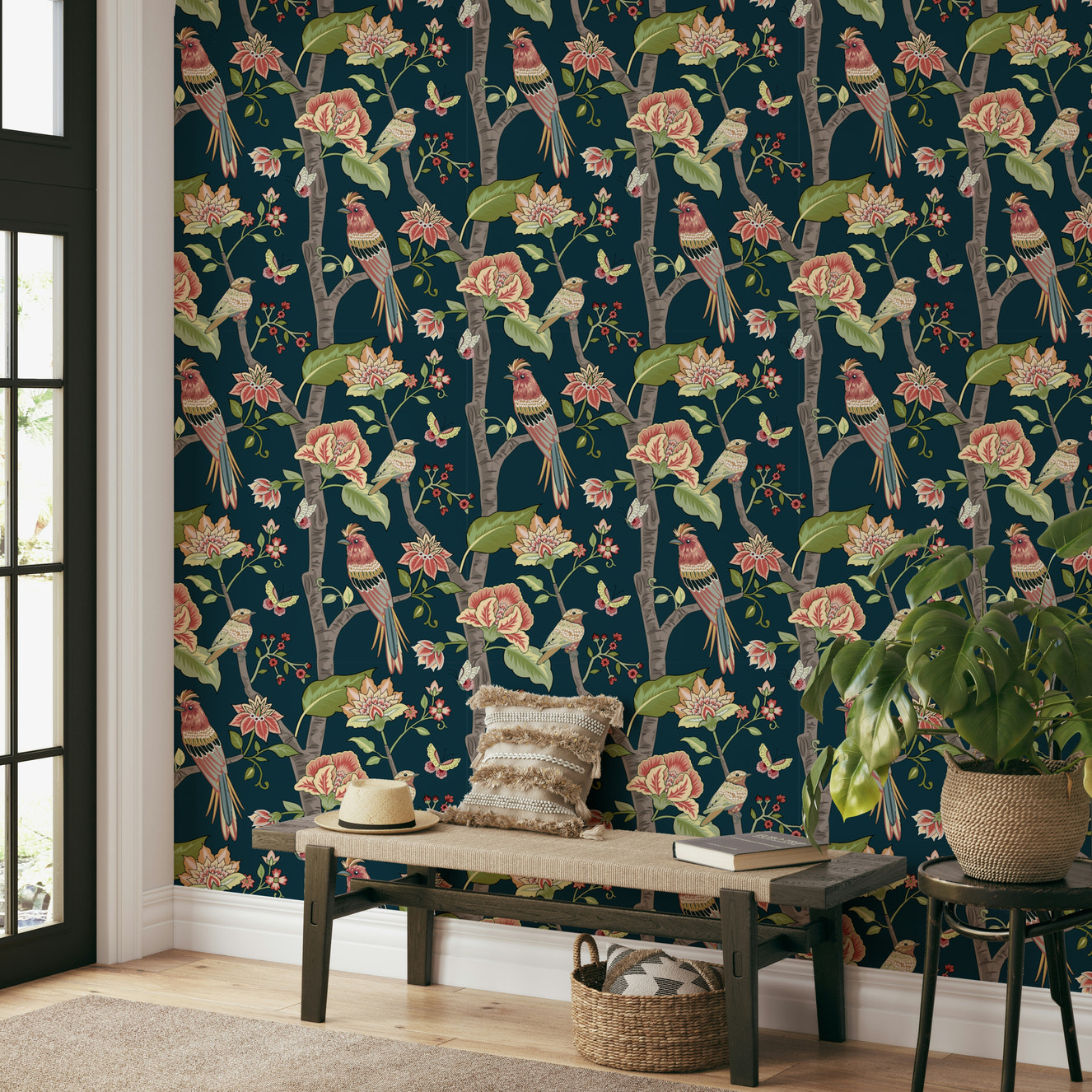 Botanical Birds wallpaper featuring colorful birds perched among blooming flowers on a deep navy background.