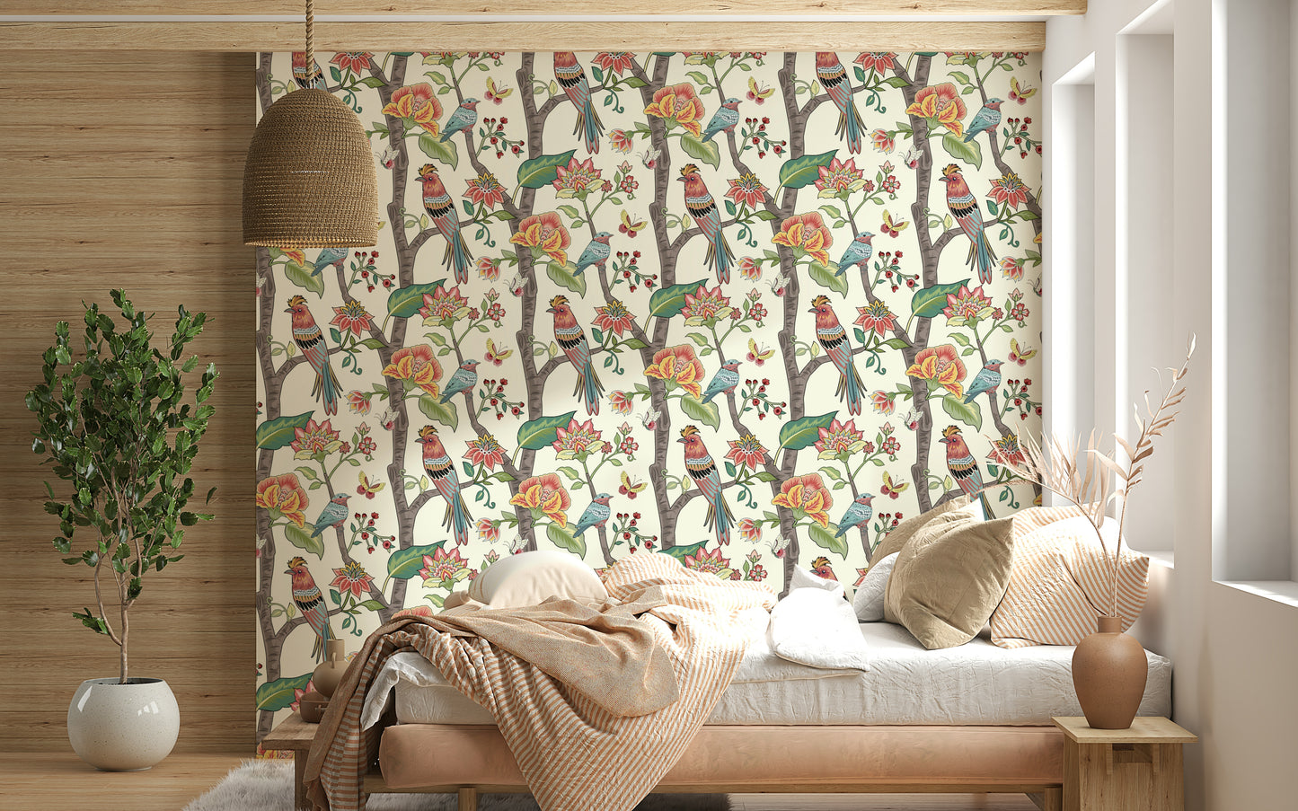 Decorative wallpaper with intricate bird and floral motifs arranged in a repeating pattern.