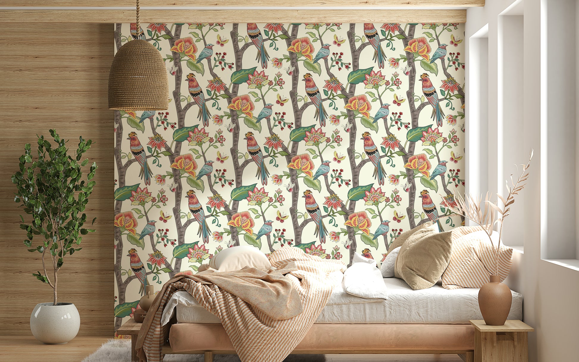 Decorative wallpaper with intricate bird and floral motifs arranged in a repeating pattern.