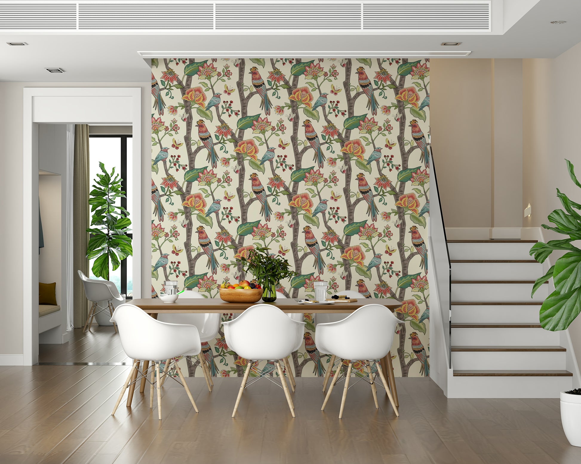 Floral wallpaper mural with perched birds and lush botanical elements on a soft background.