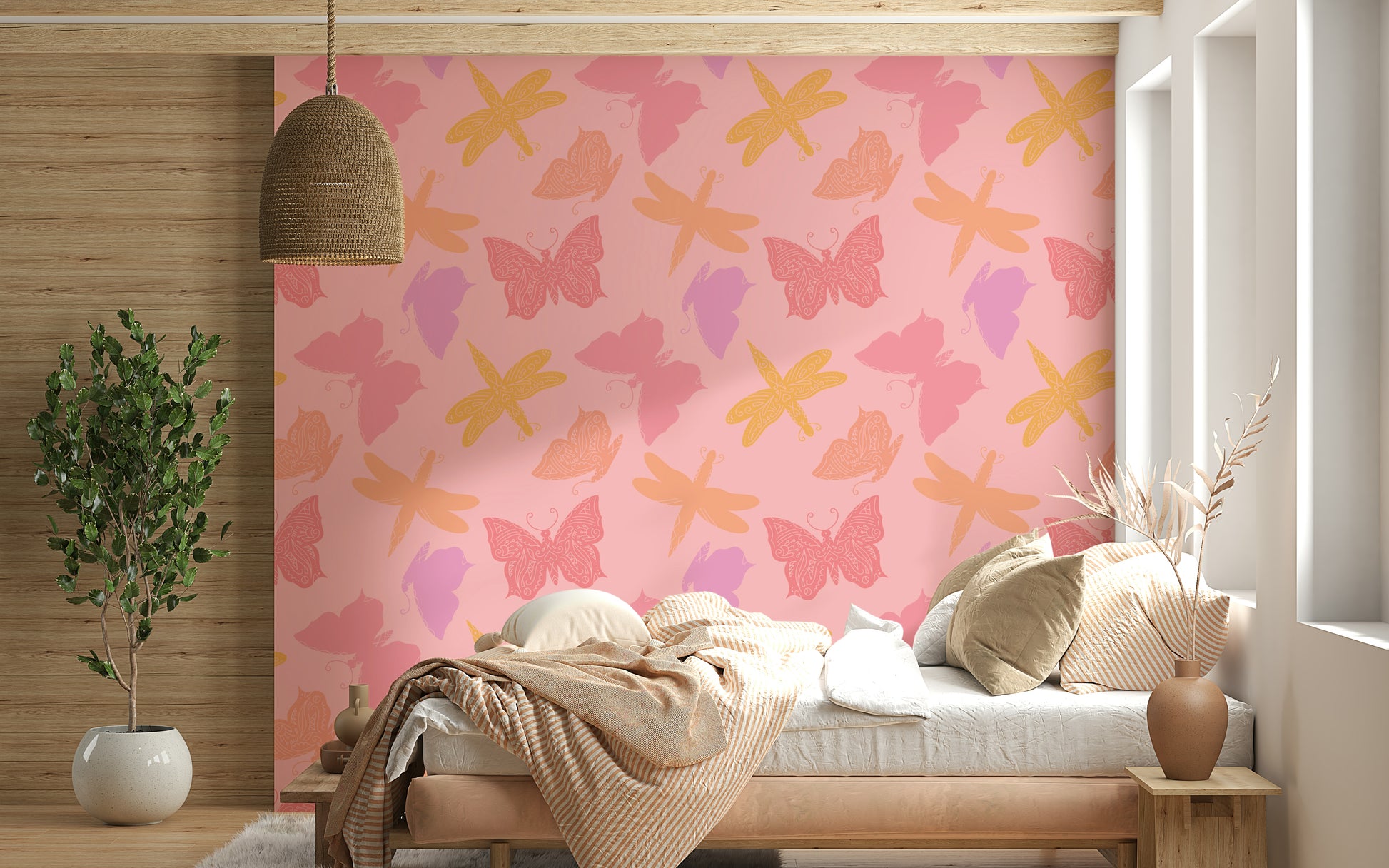Butterfly and dragonfly wallpaper featuring warm yellow, pink, and purple motifs on a blush background.