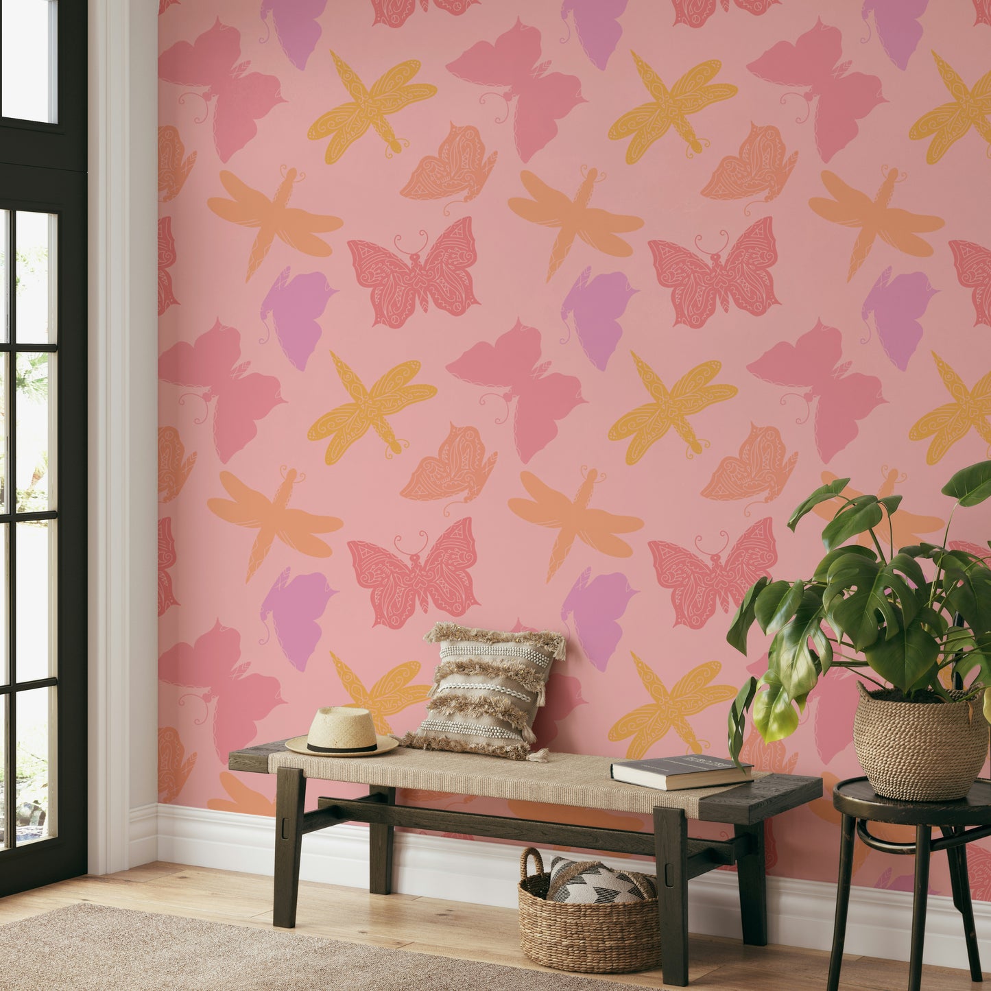 Artistic wallpaper mural with hand-drawn butterfly wings and dragonfly shapes arranged in a seamless pattern.