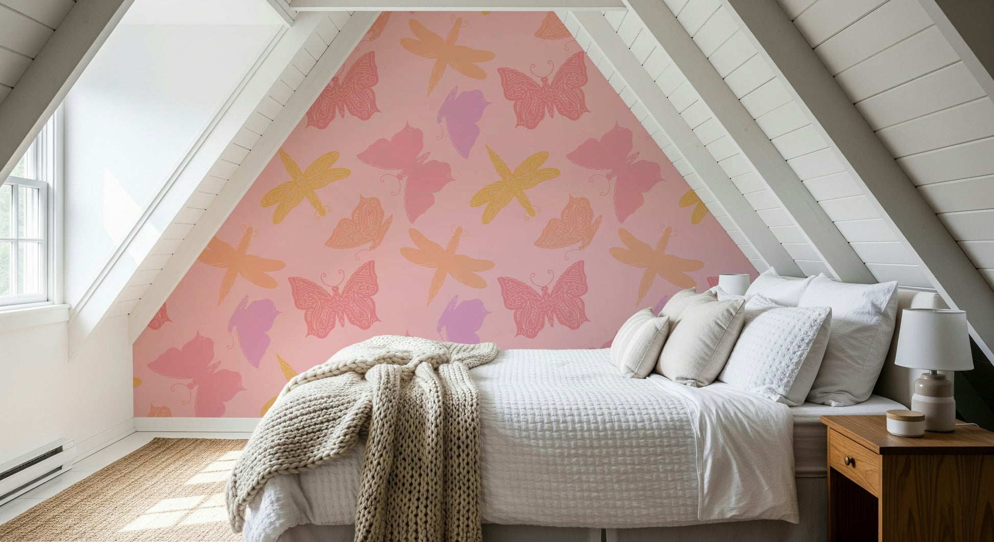 Charming wallpaper mural with decorative butterflies and dragonflies drifting across a soft pink surface.