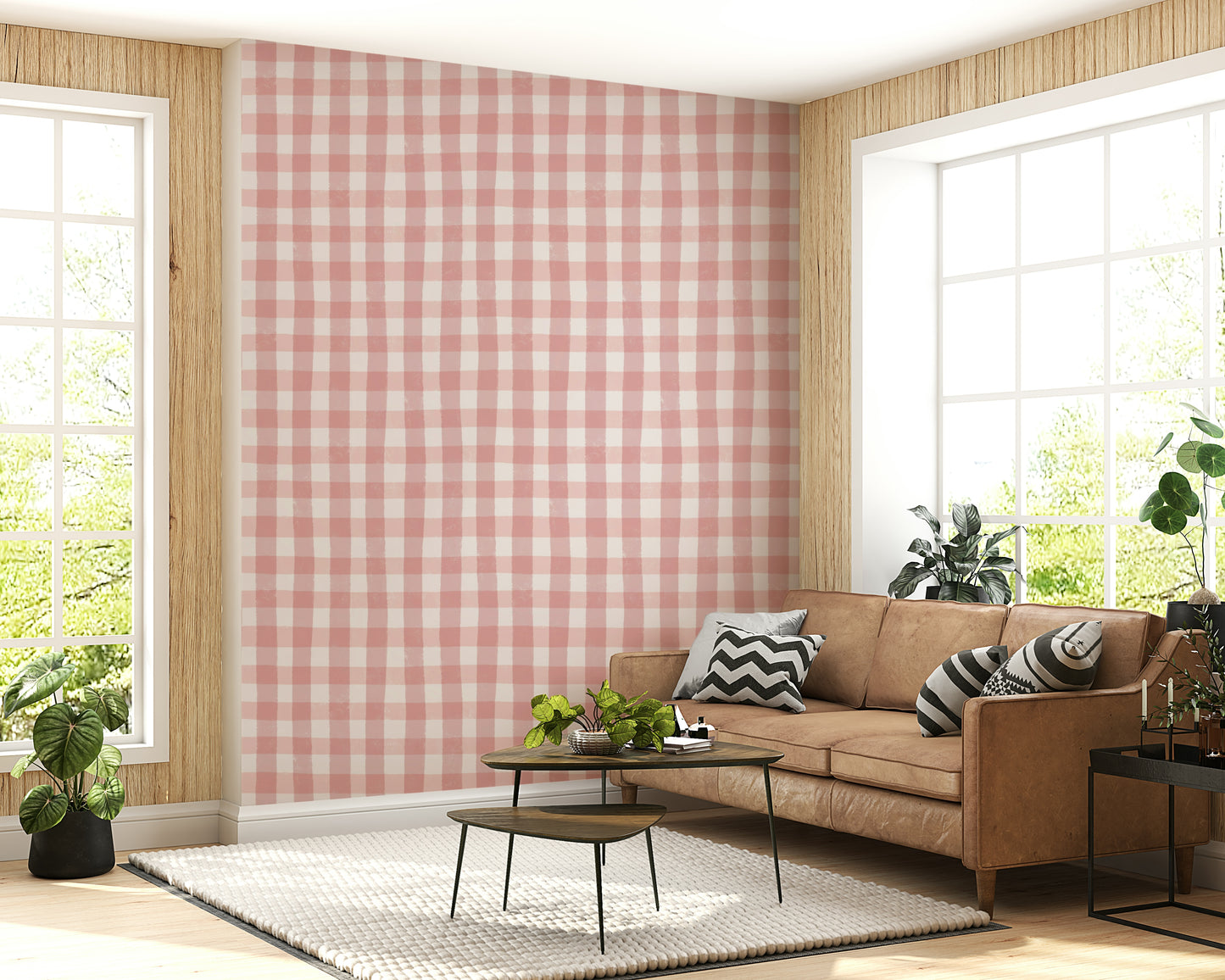 Soft rose gingham wallpaper mural perfect for creating a cozy, cottage-style look.