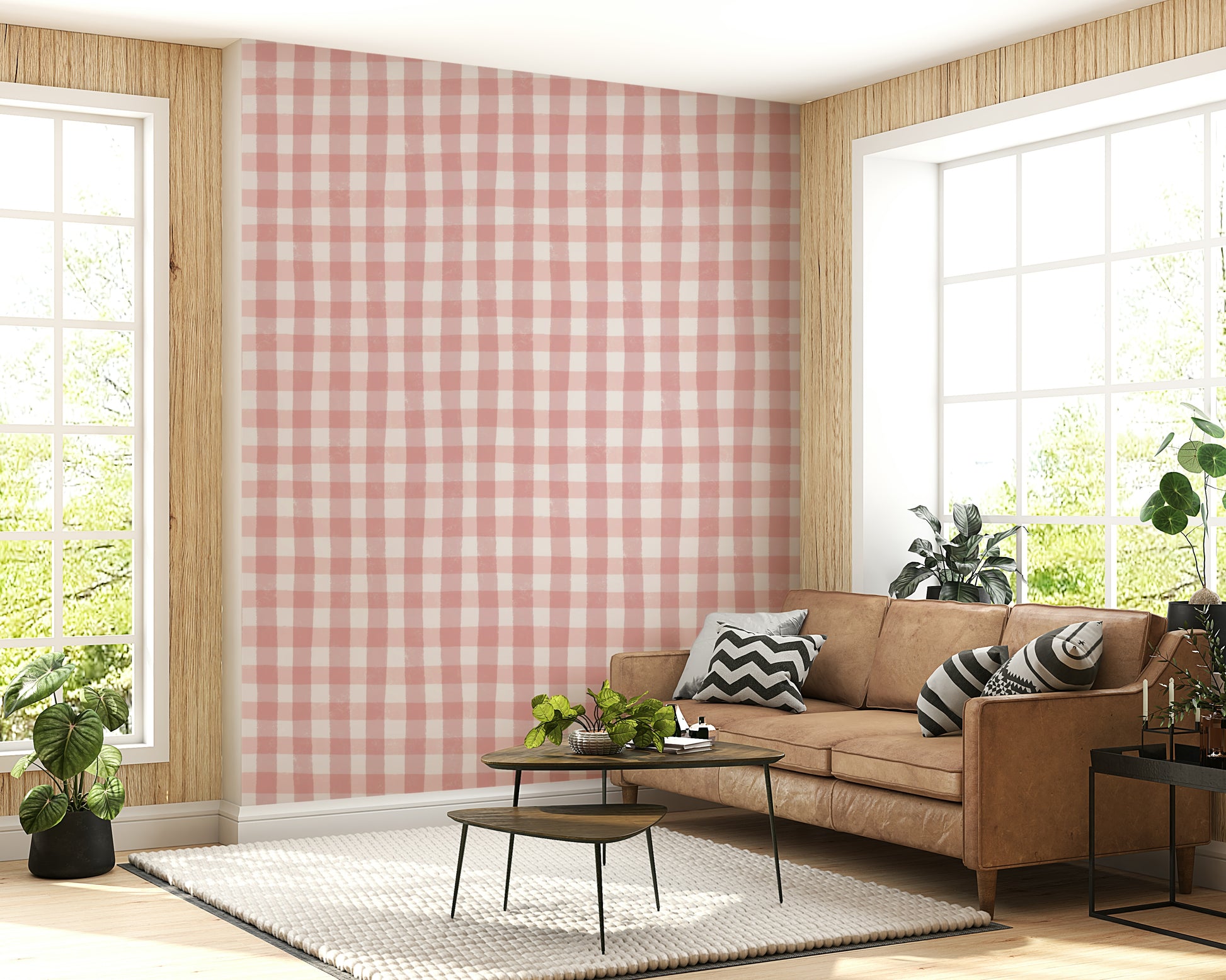 Soft rose gingham wallpaper mural perfect for creating a cozy, cottage-style look.
