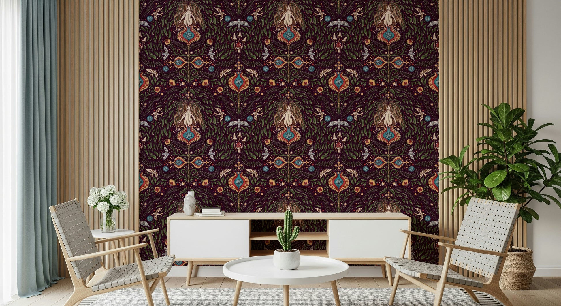 Boho Forest Dream wallpaper featuring mystical forest motifs, intricate foliage, and ornate bohemian patterns.