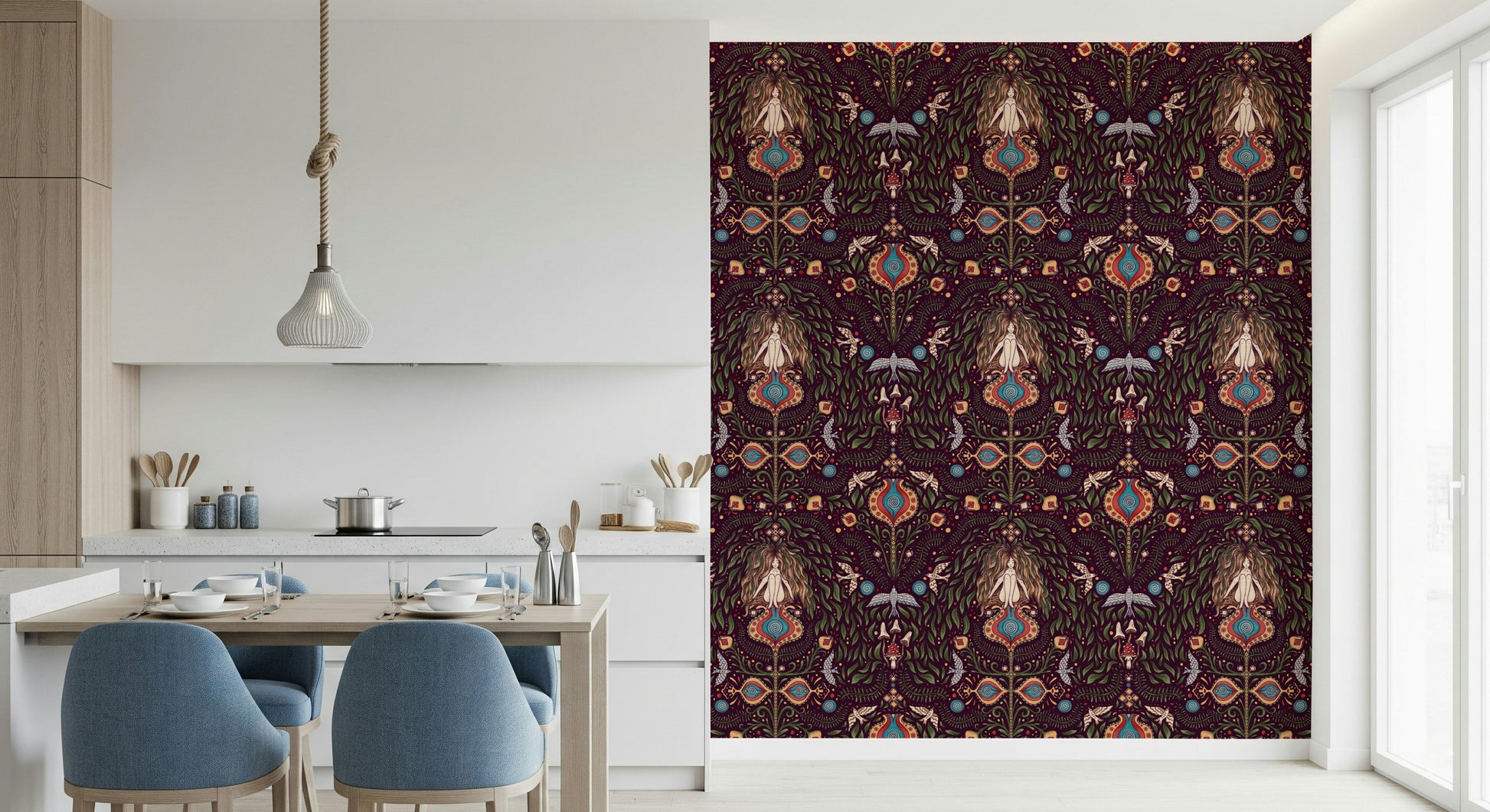 Dreamy boho wallpaper featuring organic forest patterns mixed with mystical decorative accents.