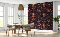 Textured wallpaper mural with complex bohemian motifs inspired by magical forest landscapes.