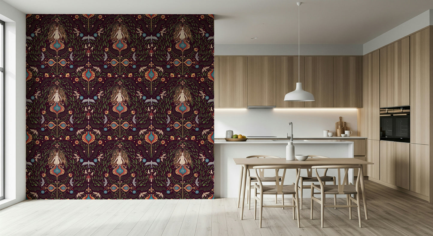 Decorative boho forest wallpaper featuring layered foliage and whimsical symbolic elements.