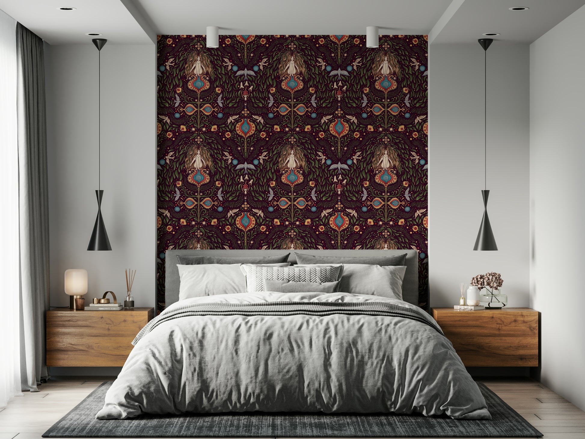 Boho Forest Dream wallpaper showcasing symmetrical forest scenes with leaves, birds, and magical motifs.