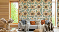 Sunflower Bloom wallpaper showcasing bold sunflower motifs arranged in a symmetrical pattern.