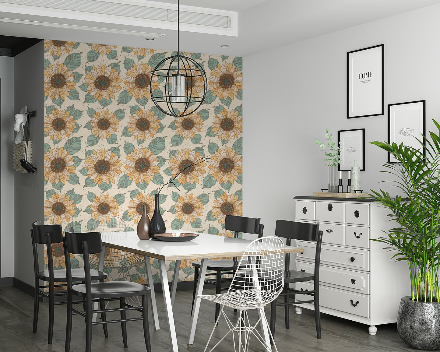Patterned sunflower wallpaper with stylized yellow blooms and green leaves on a neutral base.