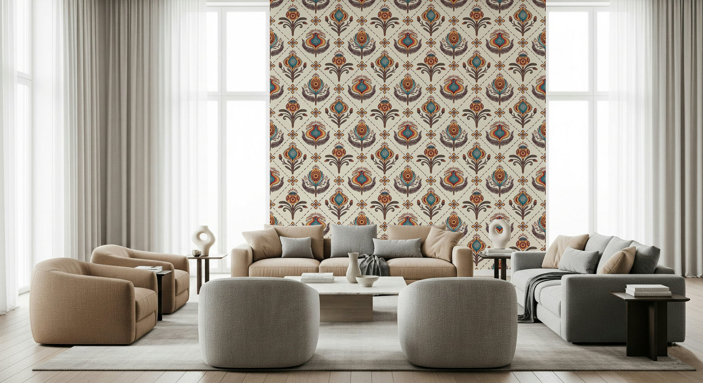 Bohemian wallpaper mural with hand-drawn floral elements placed within a neat geometric layout.