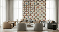 Bohemian wallpaper mural with hand-drawn floral elements placed within a neat geometric layout.