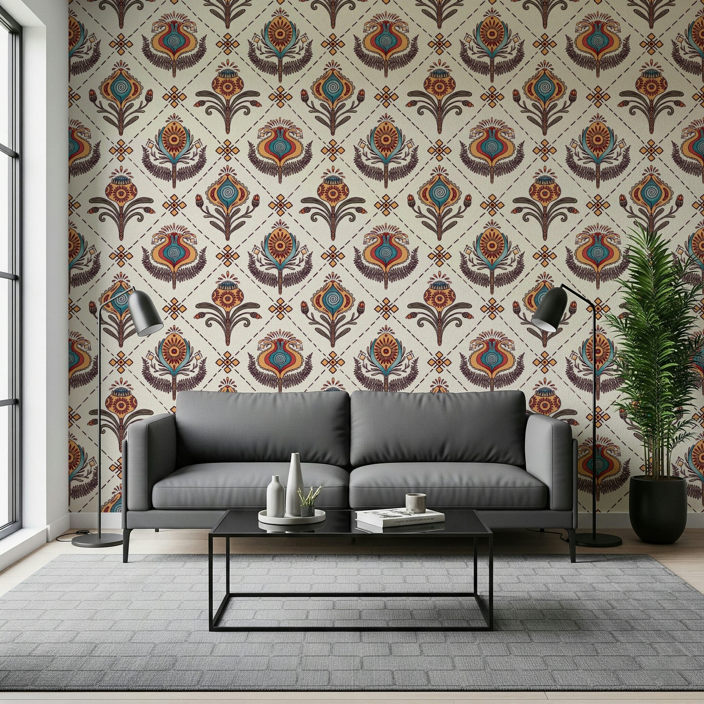 Colorful Boho Floral Grid wallpaper with symmetrical botanical shapes and ornate details.