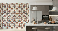 Artistic wallpaper mural with stylized boho flowers arranged in a repeating diamond framework.