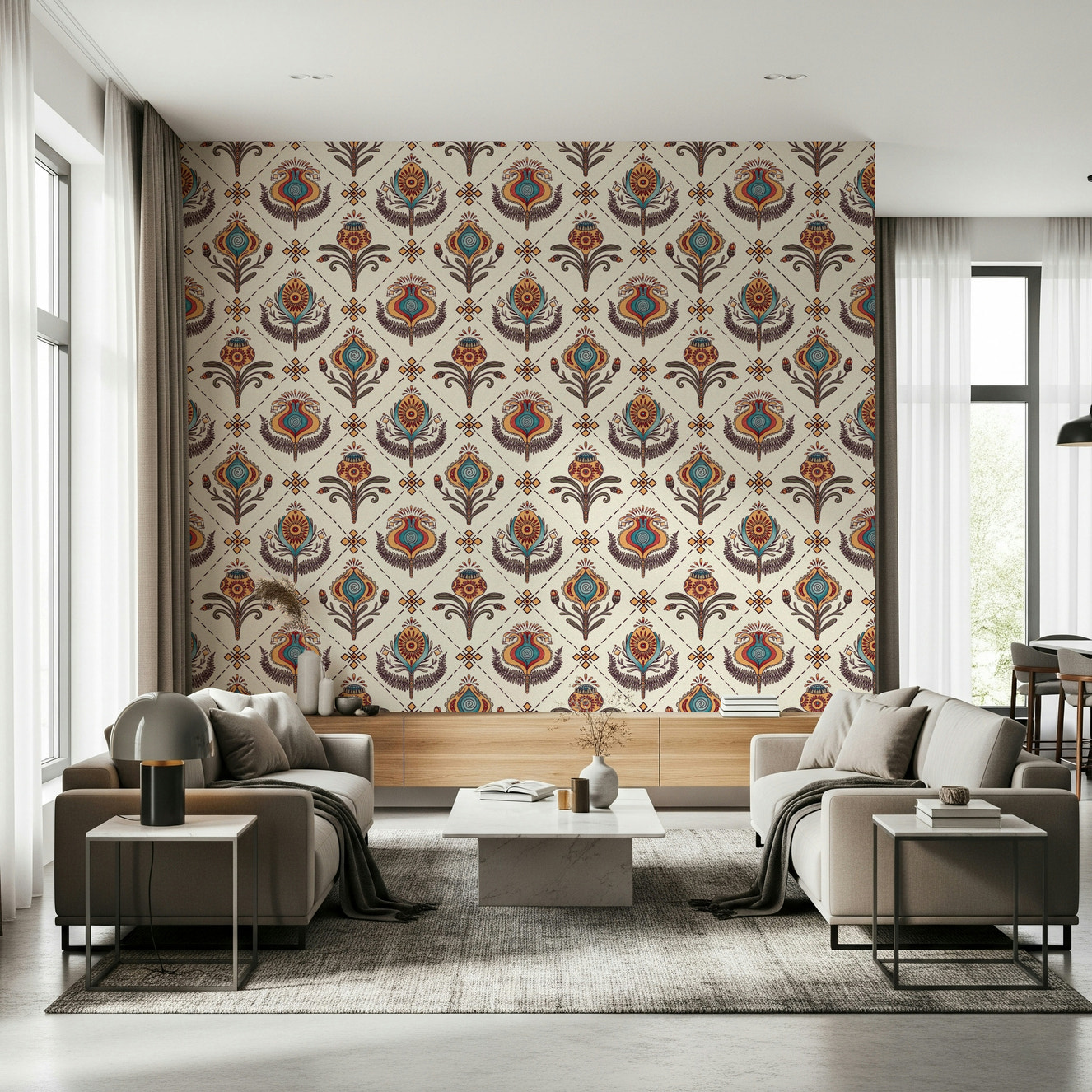 Boho Floral Grid wallpaper featuring colorful stylized floral motifs arranged in a diamond grid pattern.